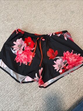 Old Navy Black Athletic Shorts with Pink and Red Floral Print